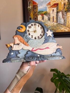 Vintage Angel Celestial Clock Moon Stars Clouds